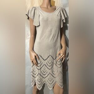 YAYA COLLECTION Flutter Sleeve Olive Green Suede Dress Size 36